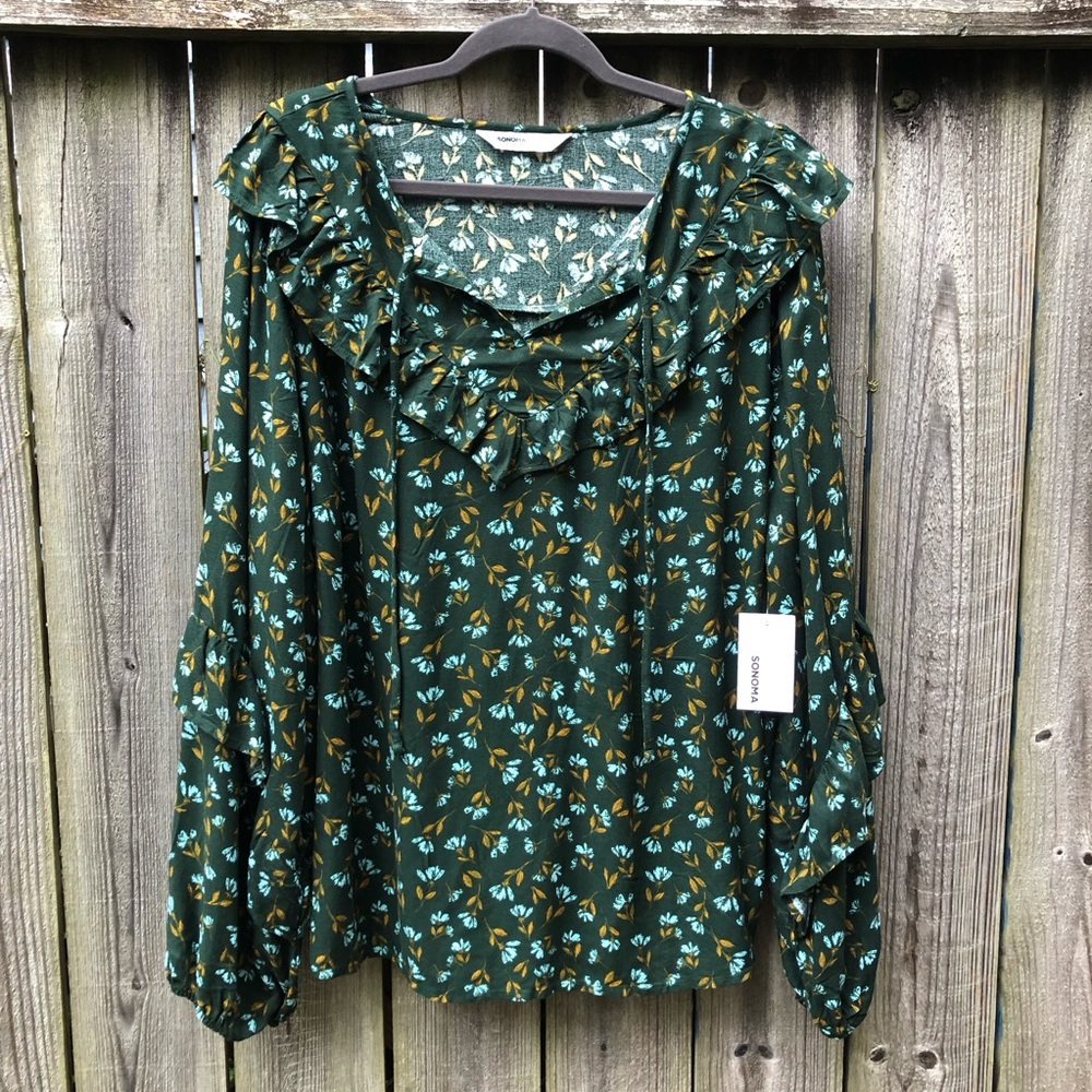 Sonoma Peasant Blouse Size 1X Green Floral Long Balloon Sleeves Ruffle Tie Neck